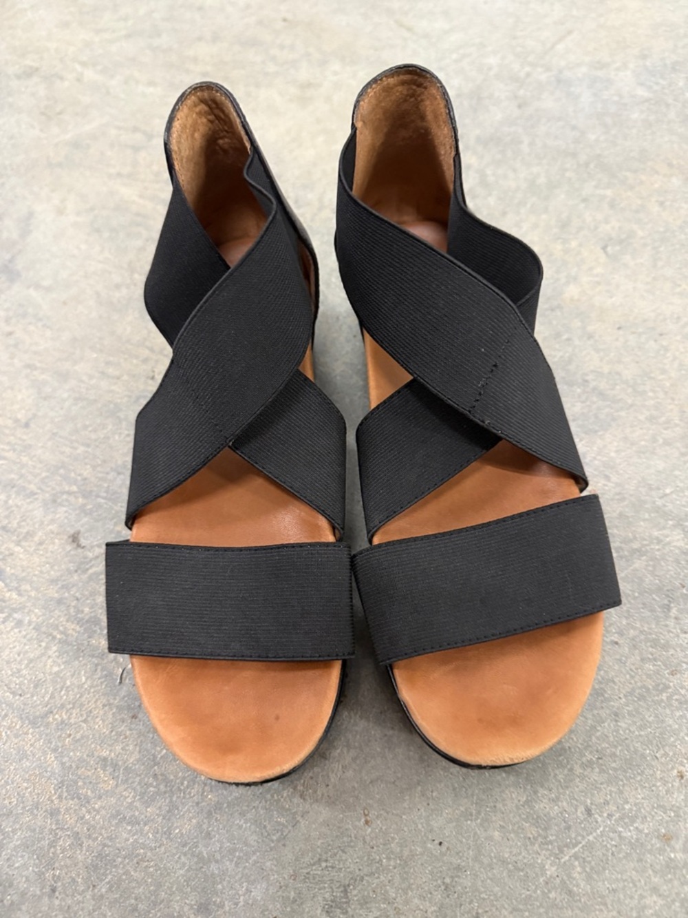 gentle souls Black Elastic Crossover Sandals with Tan Footbed